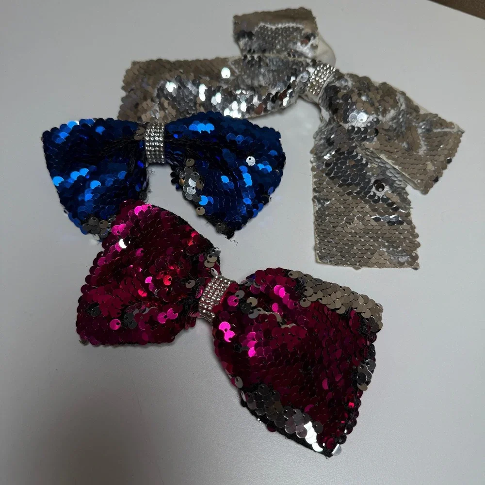 Kids Sparkle Sequin Bow Hair Clips Set 3 Colors‎ Blue Pink Silver